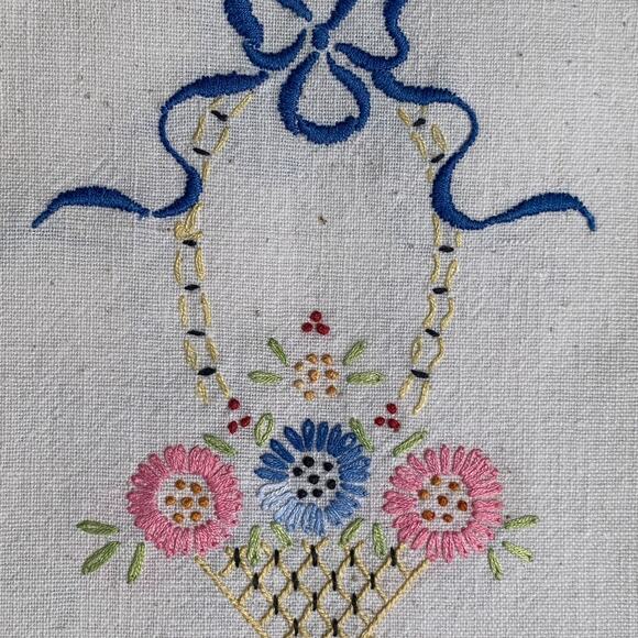 Vintage 40" x 12" Hand-Stitched Tablecloth Runner Flower Basket w/Crochet Trim - Picture 4 of 7